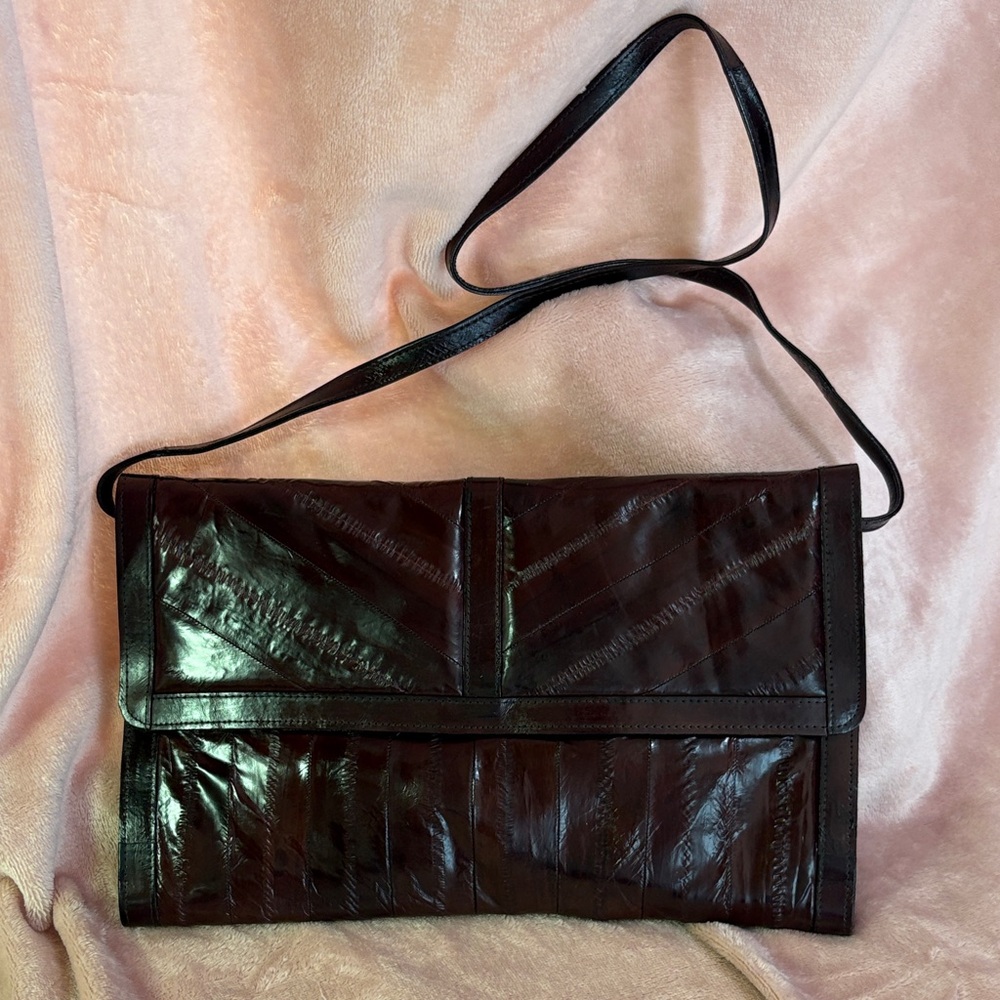 Elegant Rich Mahogany Brown Eel Skin Clutch w Removable Strap